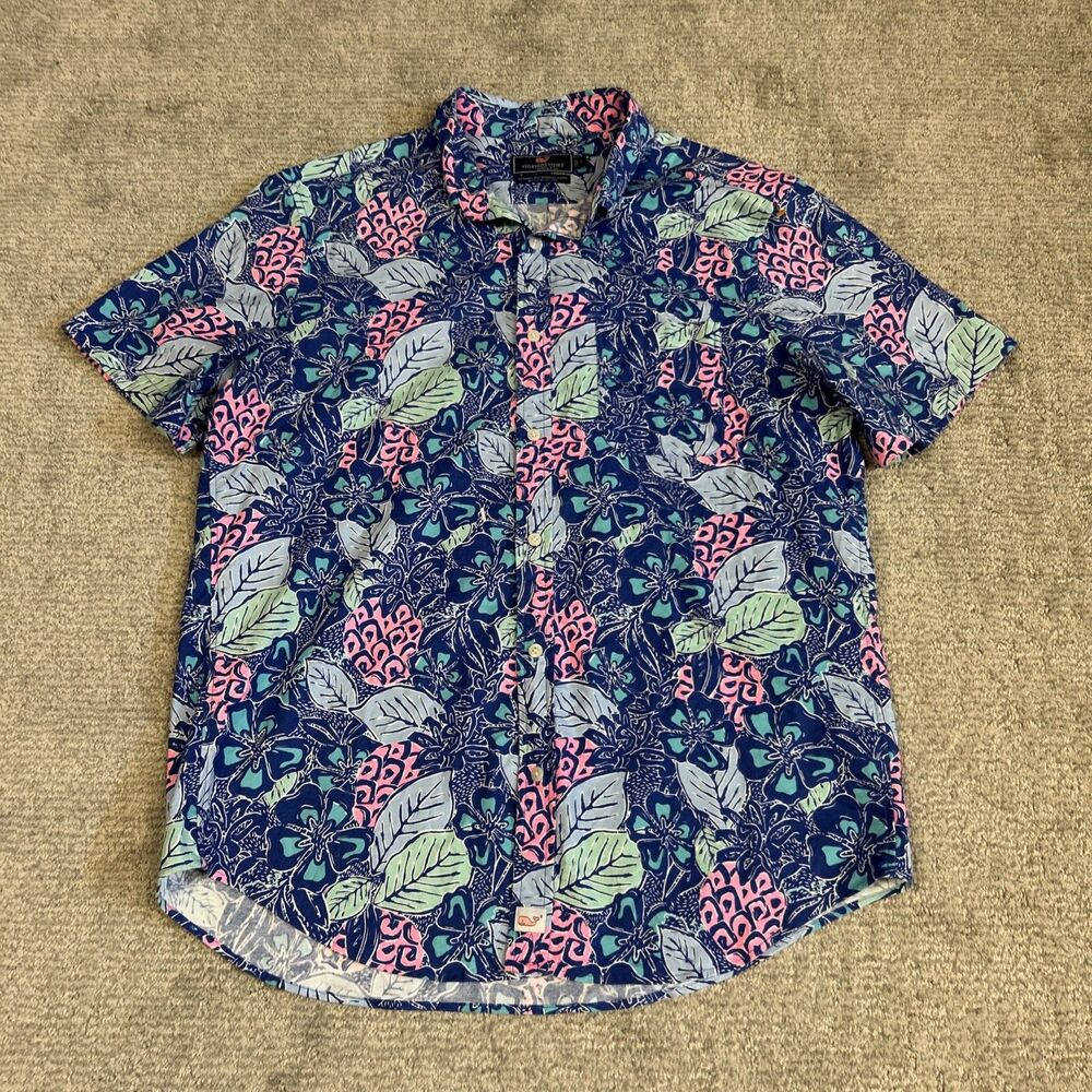 Vineyard Vines Shirt Mens Large Short Sleeve Pineapple Hawaiian Classic Murray